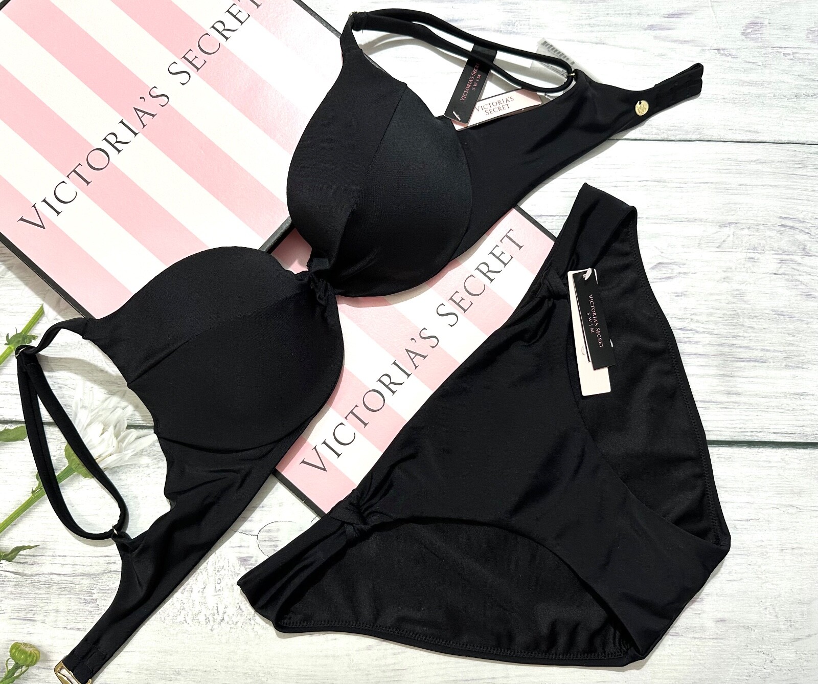 

Victorias Secret Twist Съемный комплект бикини с эффектом пуш-ап для плавания с дерзким низом, черный