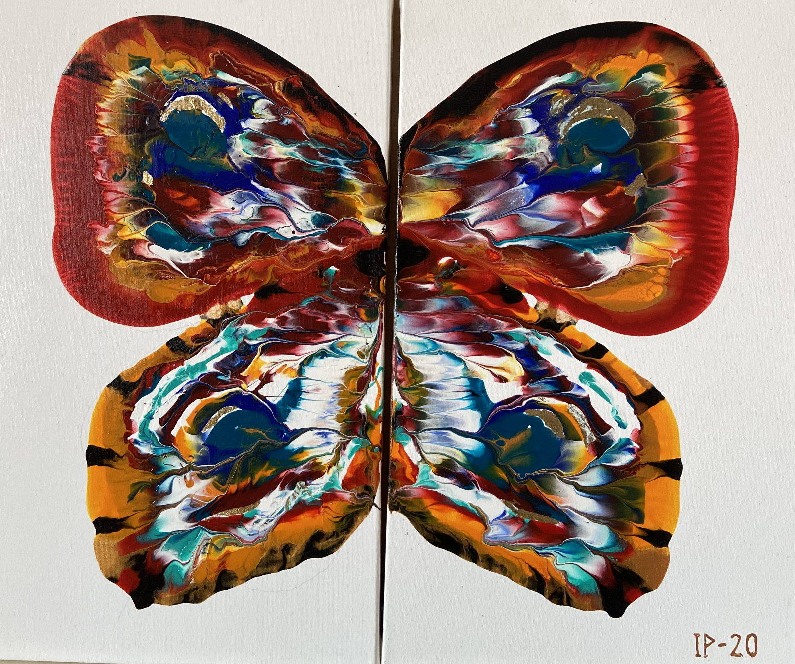 Butterfly red, blue, orang, gold acrylic paintings on canvas original, signed