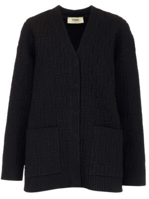 Pre-owned Fendi Oversized V-neck Ff Motif Cardigan In Black