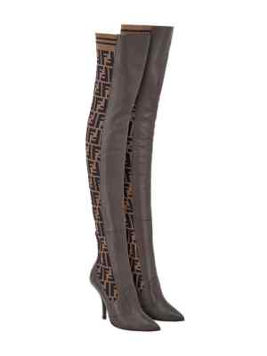 Pre-owned Fendi Rockoko Brown Ff Logo Stretch Knit Sock Thigh High Otk Heel Pump Boot 35