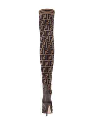 Pre-owned Fendi Rockoko Brown Ff Logo Stretch Knit Sock Thigh High Otk Heel Pump Boot 35