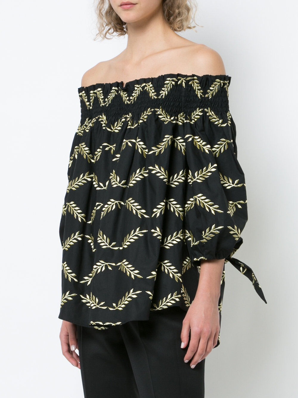 Pre-owned Caroline Constas Lou $495  Off Shoulde Top Embroidery Black Gold Blouse S M L