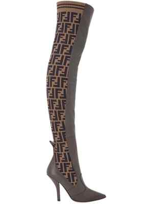 Pre-owned Fendi Rockoko Brown Ff Logo Stretch Knit Sock Thigh High Otk Heel Pump Boot 35