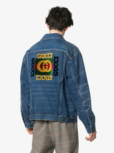 GUCCI Logo Web Embellished Appliquéd Oversized Denim Jacket
