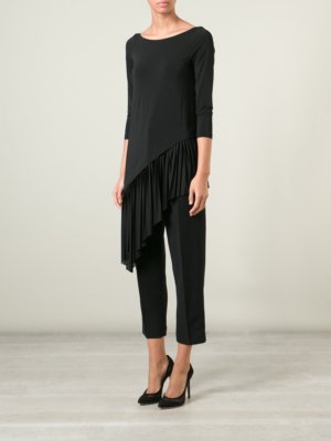 Pre-owned Donna Karan -  (black Label) Pleated Asymmetric Hem Black 3/4-sleeve Top - M
