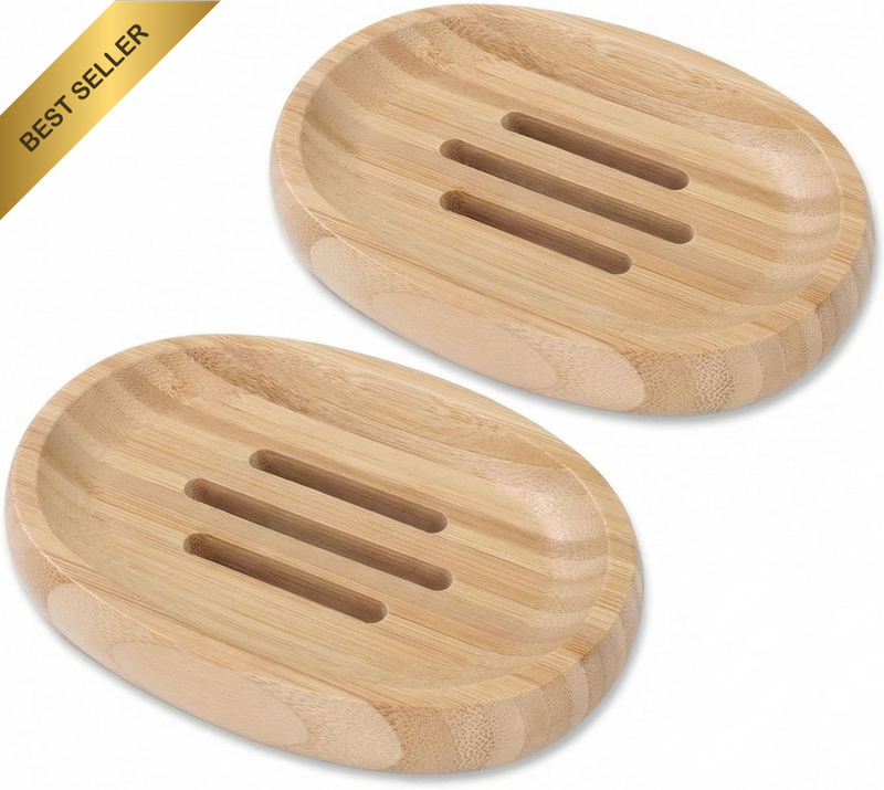 2 PCS Natural Bamboo Wood Soap Dish Holder Self-Draining Tray for Bathroom, Non-