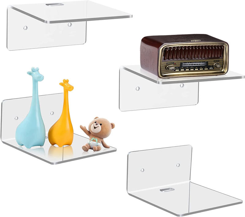 4 Pack Small Wall Shelf, 4'' Acrylic Wall Shelves Display Ledges for Storage &