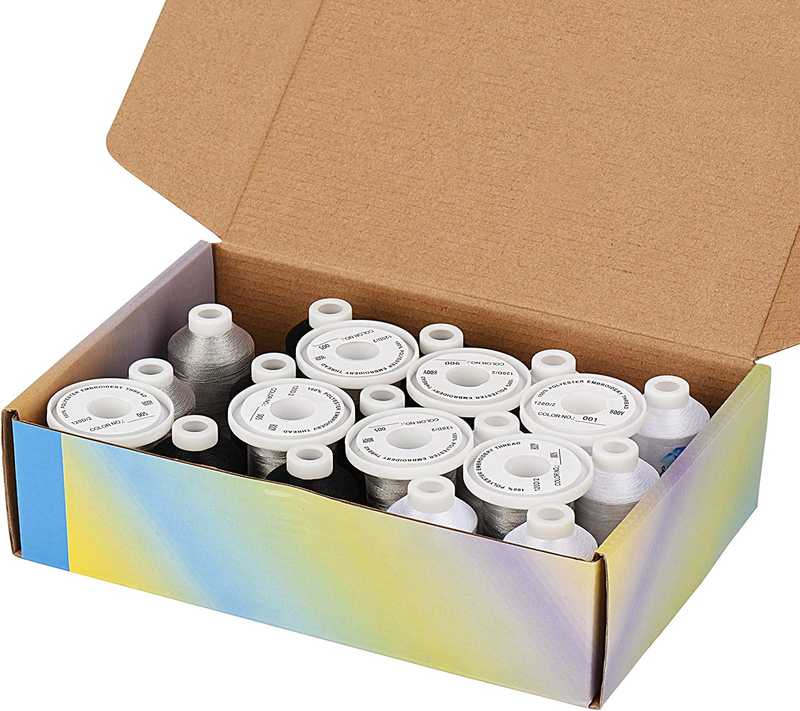 Simthread Embroidery Machine Thread Kit 800Y 21 Spools Black White and Silver Gr