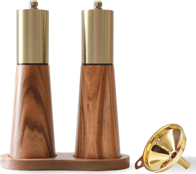 Gold Salt and Pepper Grinder Mill Set with Wood Base Free Go