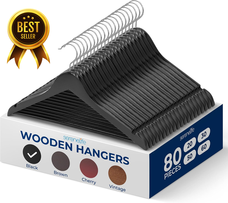 80-Pack Black Heavy-Duty Solid-Wood Clothes-Hangers