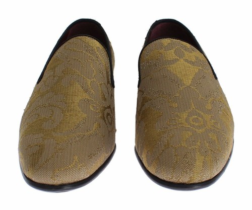 Pre-owned Dolce & Gabbana Dolce&gabbana Men Loafers Yellow Gold Silk Baroque Block Heels Slip On Shoes