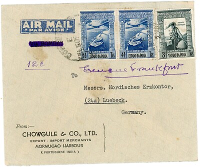 Portuguese India Sc#C4(pair)#448-VASCO DA GAMA-2/MAR-CIRCA 1949-AIR MAIL-TO GERM