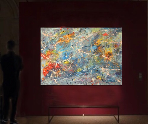 64”X44” Pollock/Richter style canvas ￼painting Acrylic,Abstract, Modern,X Large