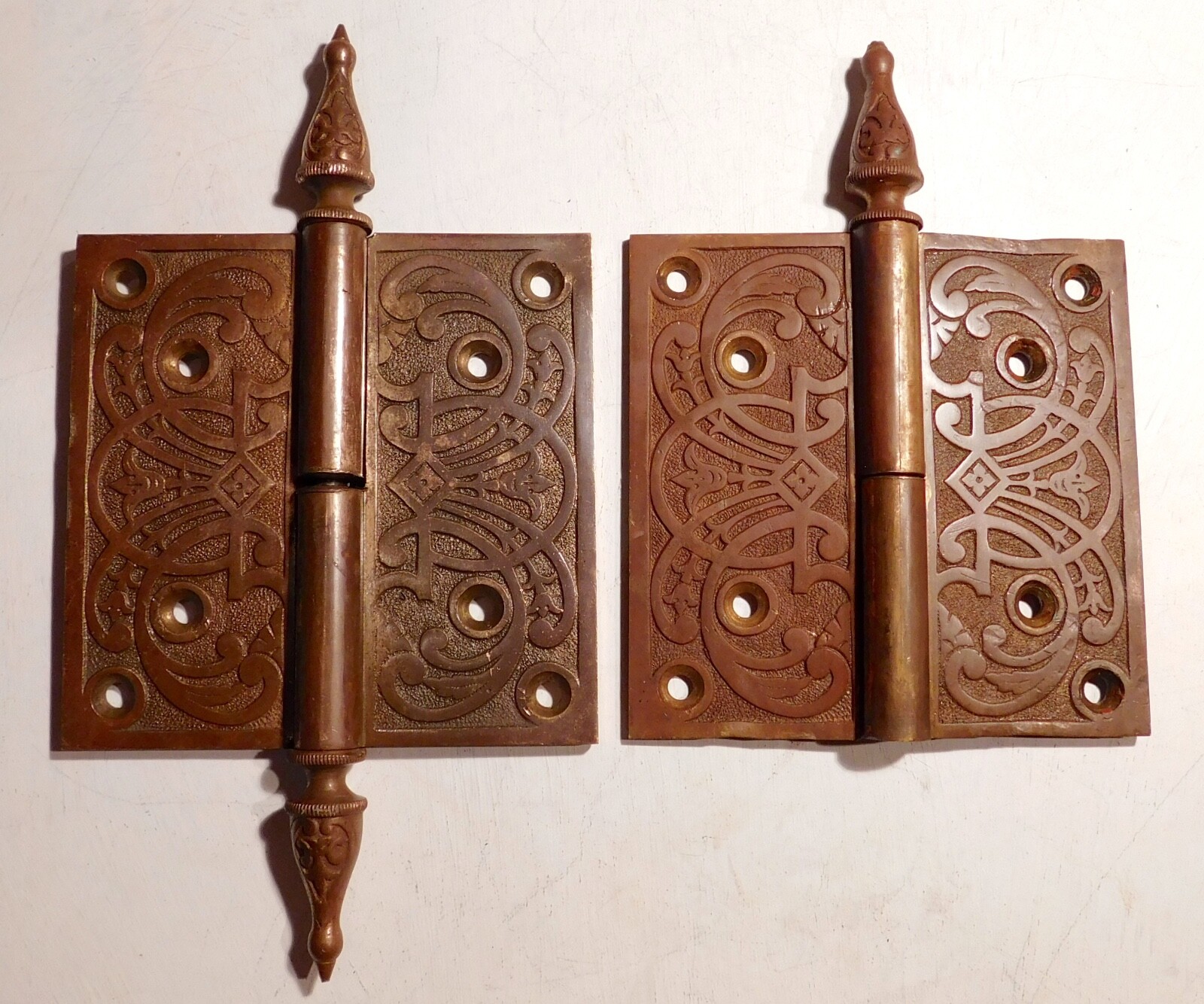2 Antique Bronze Door Hinges ornate Hopkins Dickinson 4.5x4.5 vintage victorian