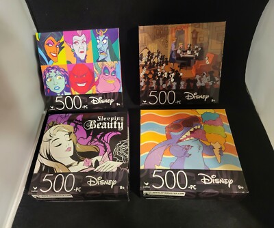 Lot of 4 Disney 500pc Cardinal Jigsaw Puzzles:101 Dal.,Stitch,Sleeping B.,Vill.