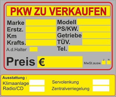 Schild PKW ZU VERKAUFEN KFZ  Bus  Auto permanent beschreibbar  300mm x 250mm