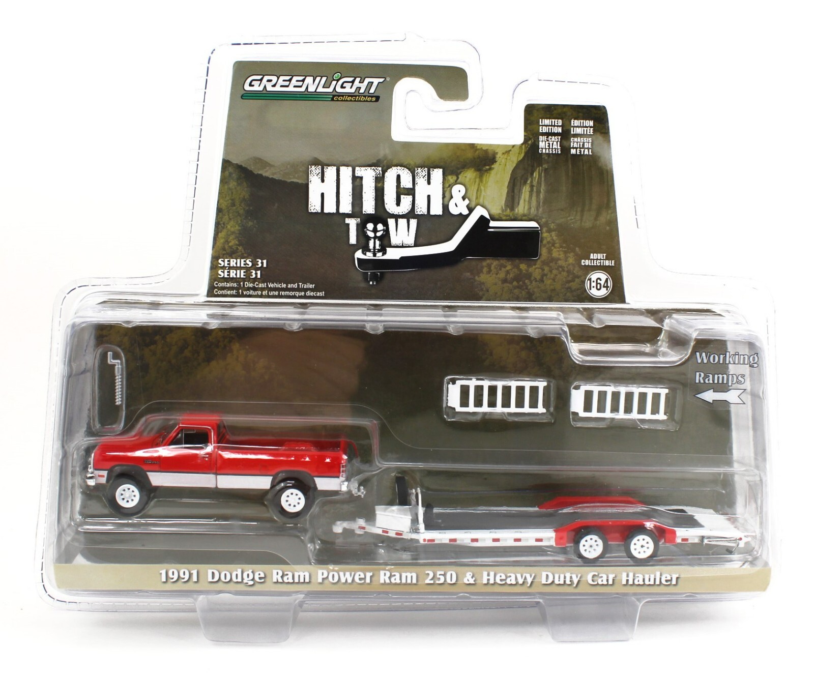 ミニカー GREENLIGHT Ram Laramie&TandemCar Trailer 1:64 GreenLight *HITCH & TOW 31* Red 1991 Dodge Ram 250