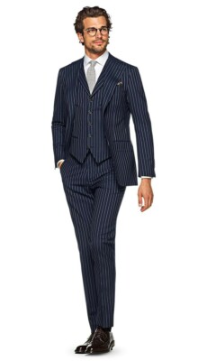 Pre-owned Handmade Men Navy Blue Stripes Suits Wedding Grooms Dinner Party Suits (jacket+vest+pant)