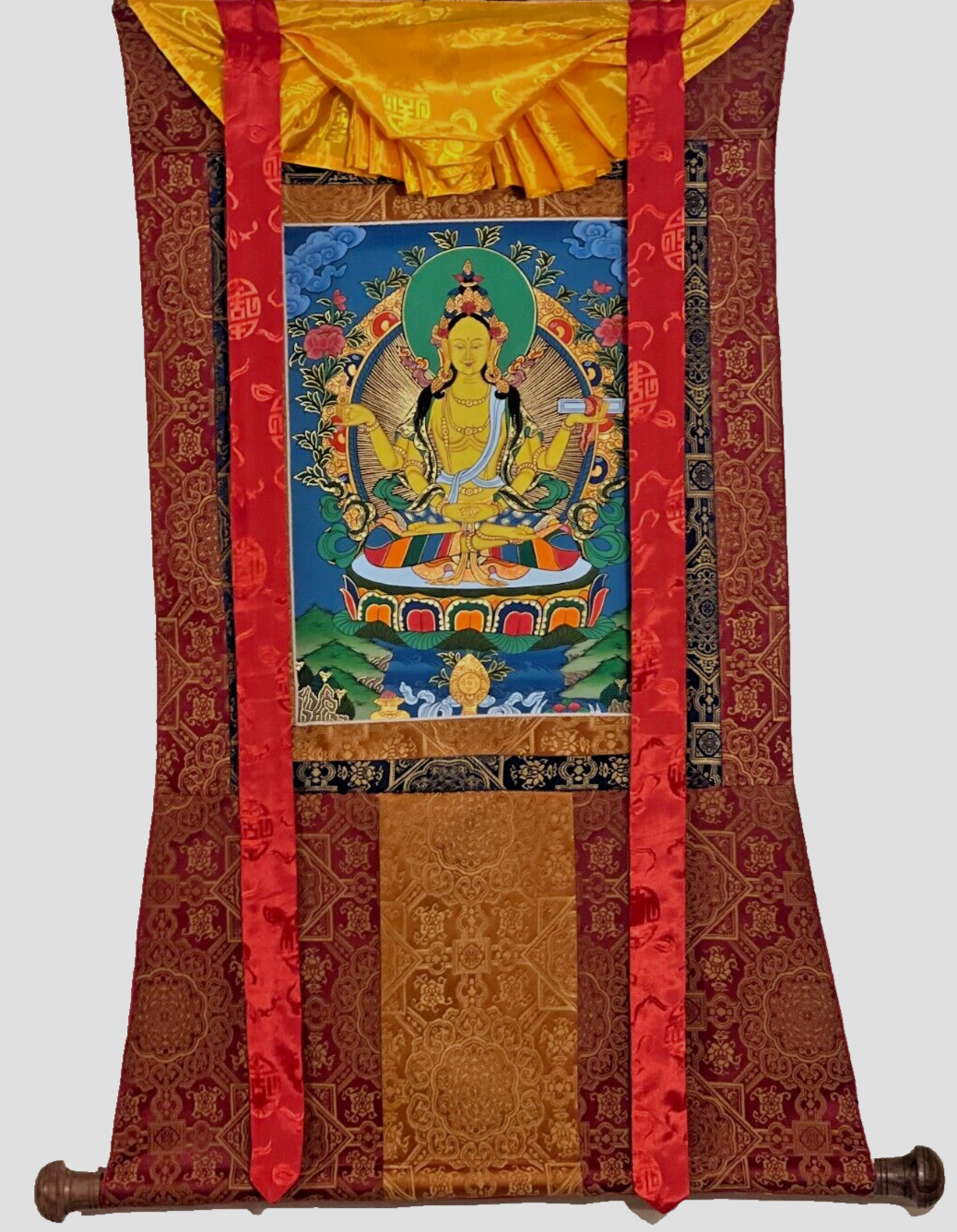 PRAJNAPARAMITA-PERFECT WISDOM ORIGINAL TIBETAN THANGKA PAINTING WITH SILK BORDER