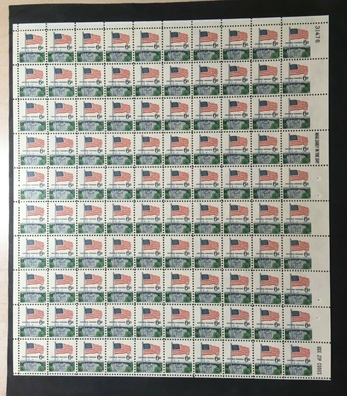 #1338 6c Flag Full Mint Sheet Of 100  With Right Margin Completely Imperf