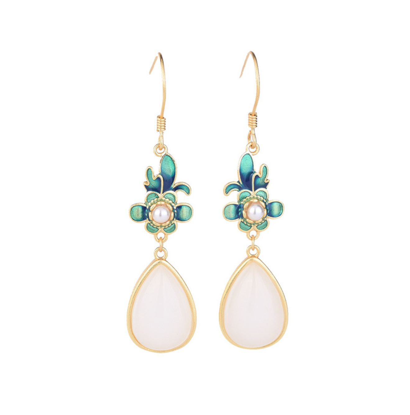 Jade Drop Dangle Earrings Flowers Cloisonne Bohemian Ear Hook 18K Gold Plated - Picture 8 of 8