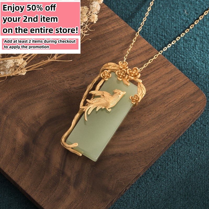 Jade Pendant Necklace Charm 18K Gold Plated Chain Phoenix Bird