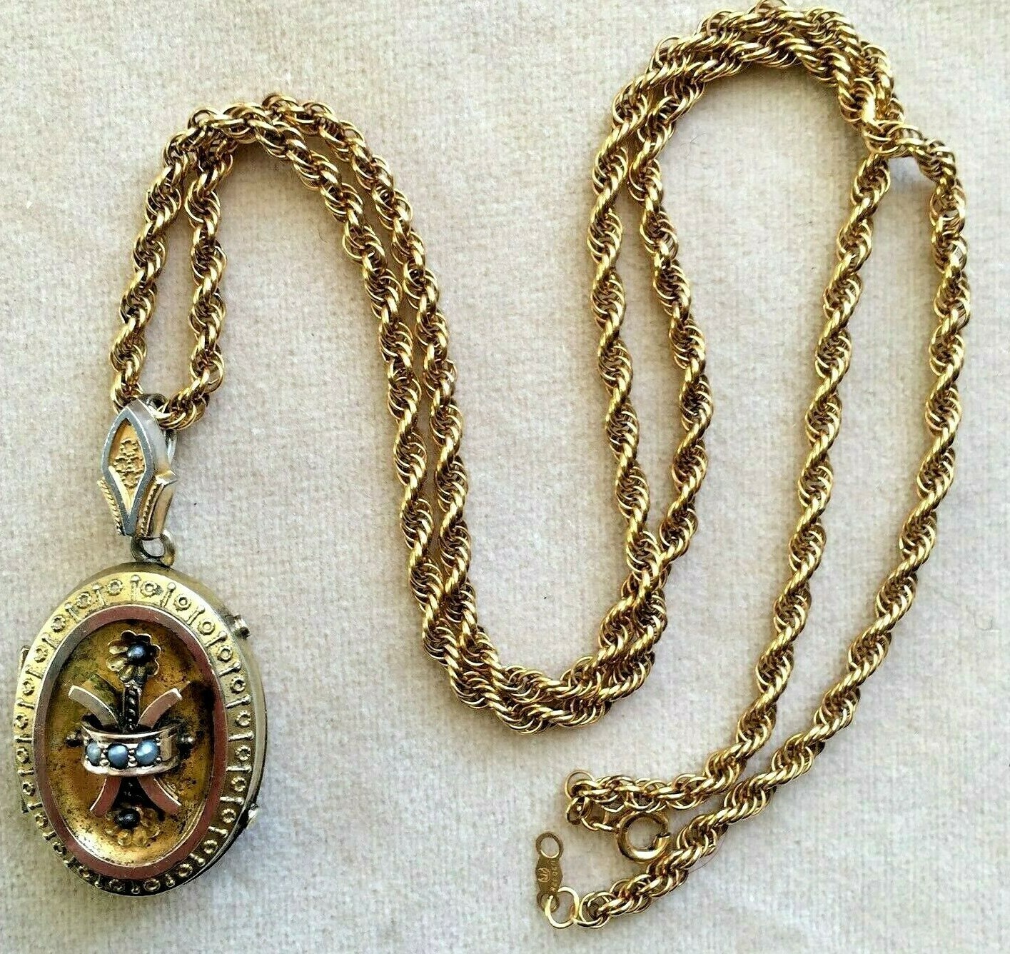 Victorian ETRUSCAN STYLE Triple Seed Pearl Locket Pendant on 22