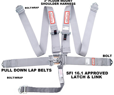 SFI 16.1 LATCH & LINK 5 POINT RACING HARNESS SEATBELT FLOOR MOUNT  GRAY