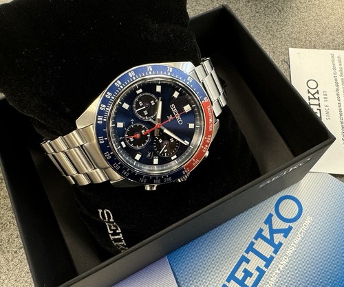 Pre-owned Seiko Prospex Speedtimer Solar Steel Bracelet Blue Dial Watch - Ssc913