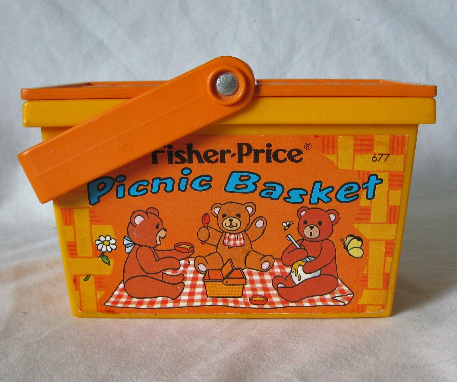 Vintage Fisher Price Picnic Basket 677 1974 Orange &Yellow, Bears