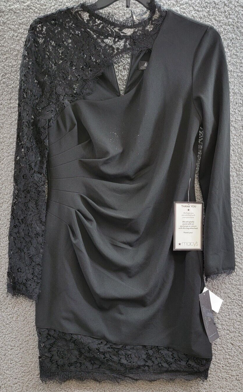 Aidan by Adrianna Papell Lace Trim Knit Crepe Mini Dress Women's 16 Black Lined~ - Picture 2 of 17