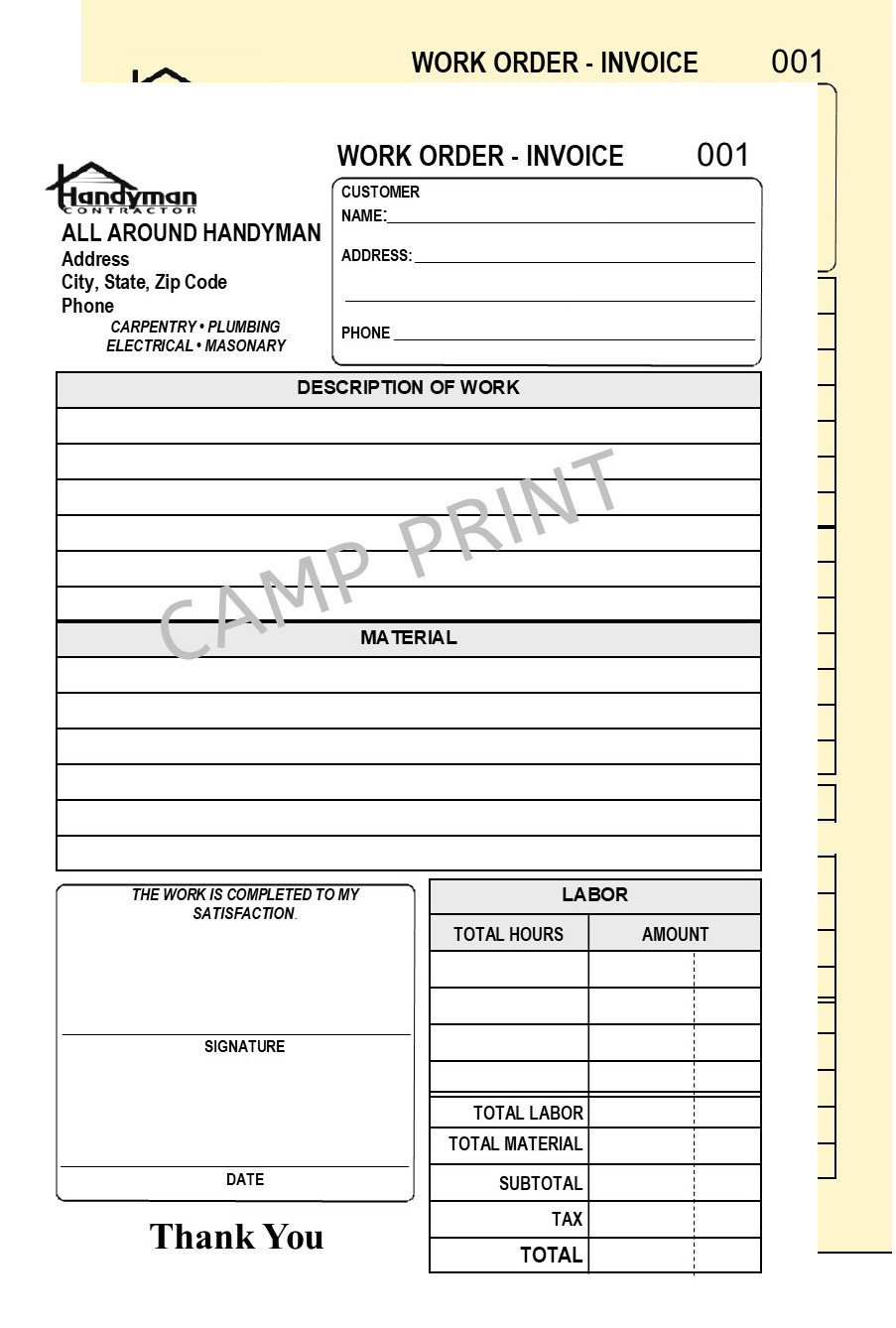 200 handyman work order invoice numbered 2 part