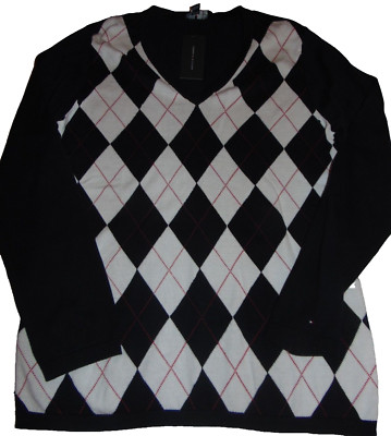 ~NWT Women's TOMMY HILFIGER Argyle Long Sleeve V-Neck Sweater! Size L Cute $70:)