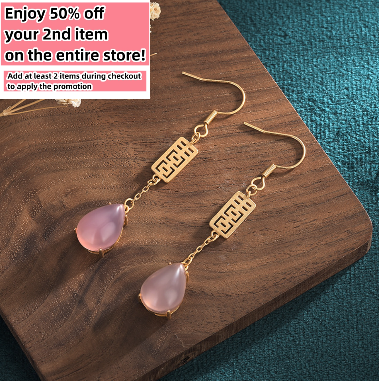 Pink Jade Drop Dangle Boho Earrings Ethnic Teardrop 18K Gold Plated Gemstone