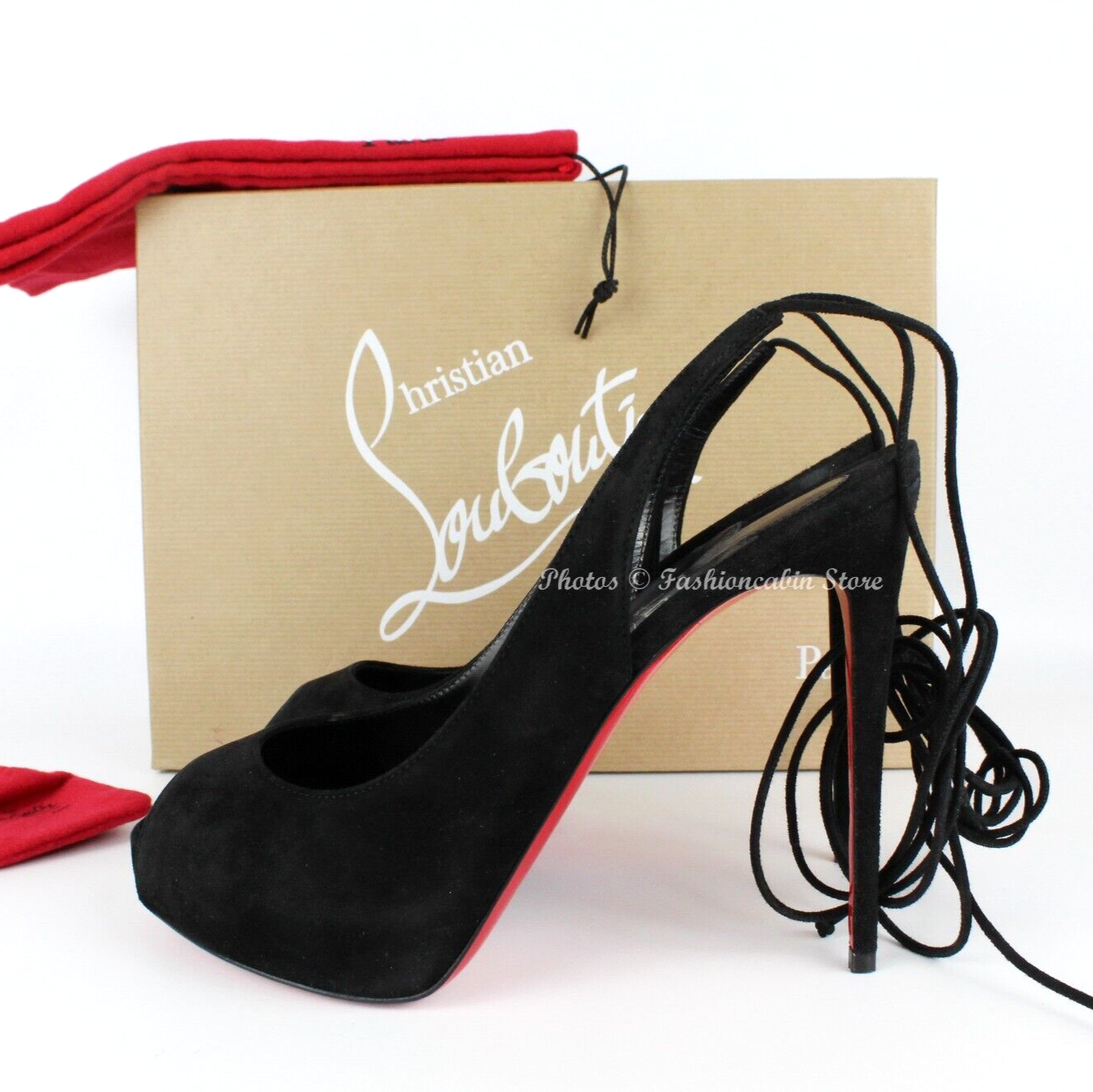 NEW Christian Louboutin Suede Peep-Toe Red Sole Pumps, Black
