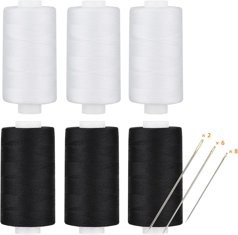All Purpose Thread Polyester 3 White 3 Black, 400 Yards Each with 16 Needles ...
