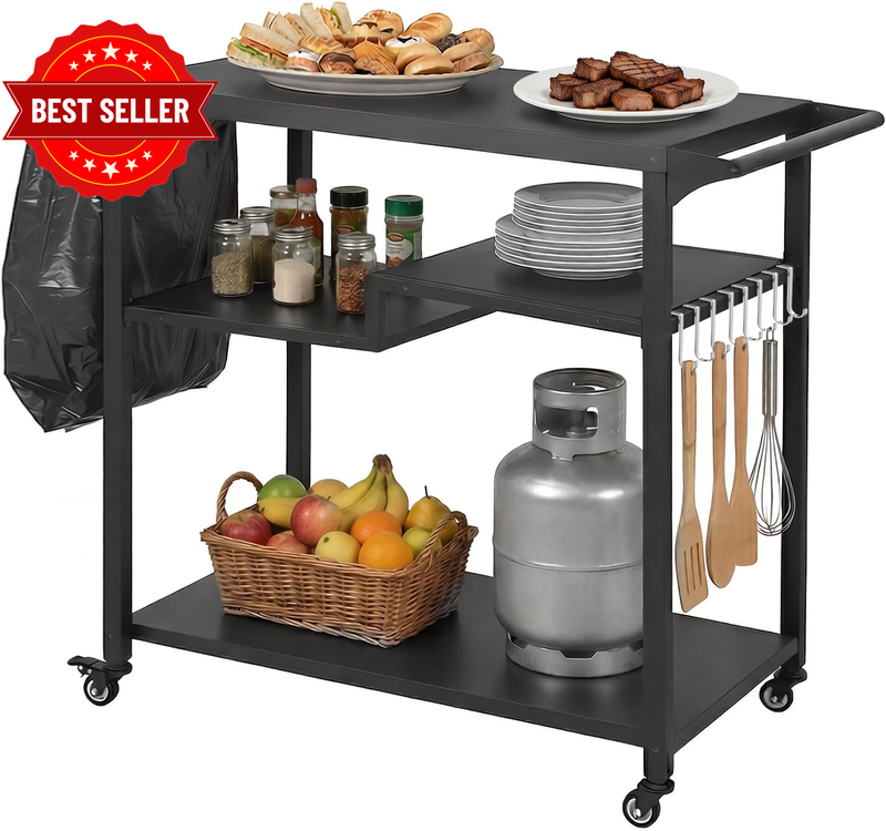 Outdoor Kitchen Trolley Cart,Heavy Duty 3 Tier BBQ Table with Lockable Wheels, P
