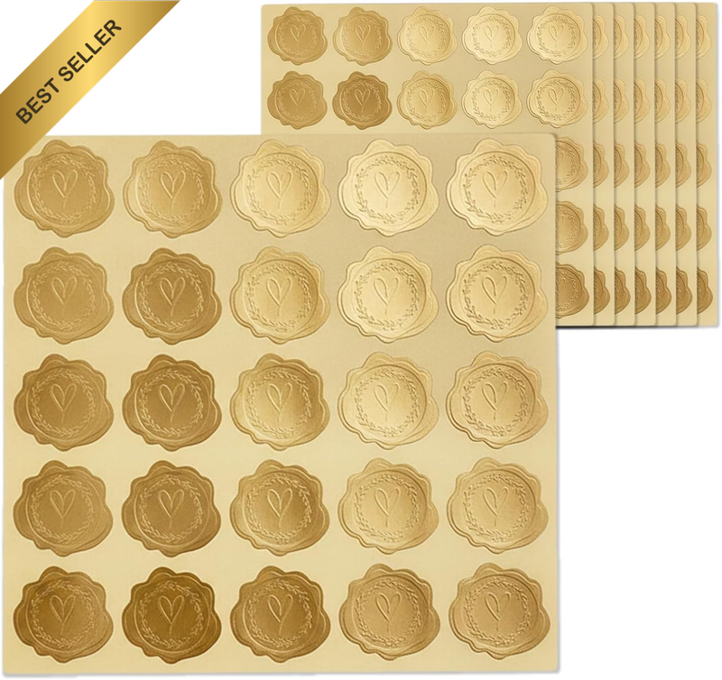 200 Gold Heart Wax Seal Stickers, 8-Sheet Pack