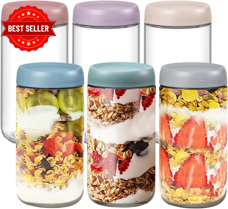 6 Pack (700 ML/24 Oz) Overnight Oats Container Jar with Screw Lid - Wide Mouth M
