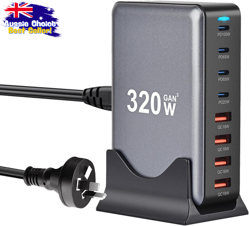 320W USB C Fast Charger, 8-Port Hub, GaN 100W for MacBook/iPhone 16/iPad/S23/S22