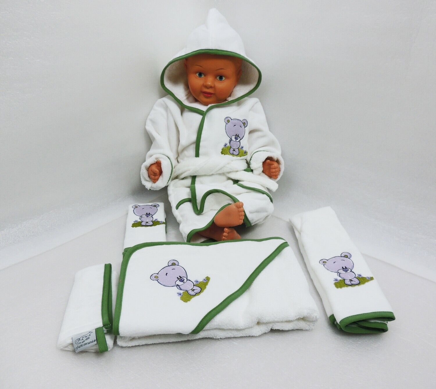 Baby Handtuch Set mit Bademantel Bär-Motiv weiß - grün 5-teilig 100% Baumwolle 