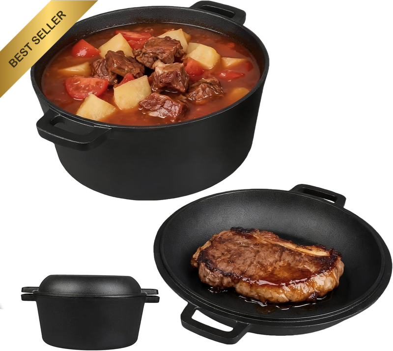 Iron Dutch Oven Pot, 2-In-1 Pre-Seasoned Cast Iron Dutch Oven with Skillet Lid C
