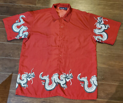 Cache Creek Fine Polyester Asain Dragon Button Down Collared Dress T Shirt L
