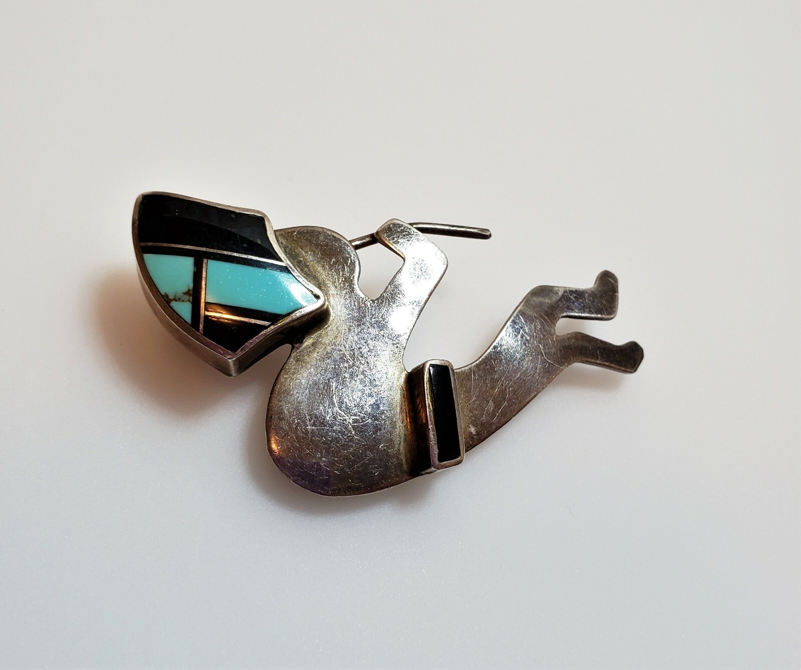 Vintage Signed G.J. Sterling Turquoise Black Onyx Kokopelli Brooch/Pendant  #B91