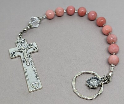 Irish Penal Rosary, 8mm Pink Mashan Jade  Pocket Rosary