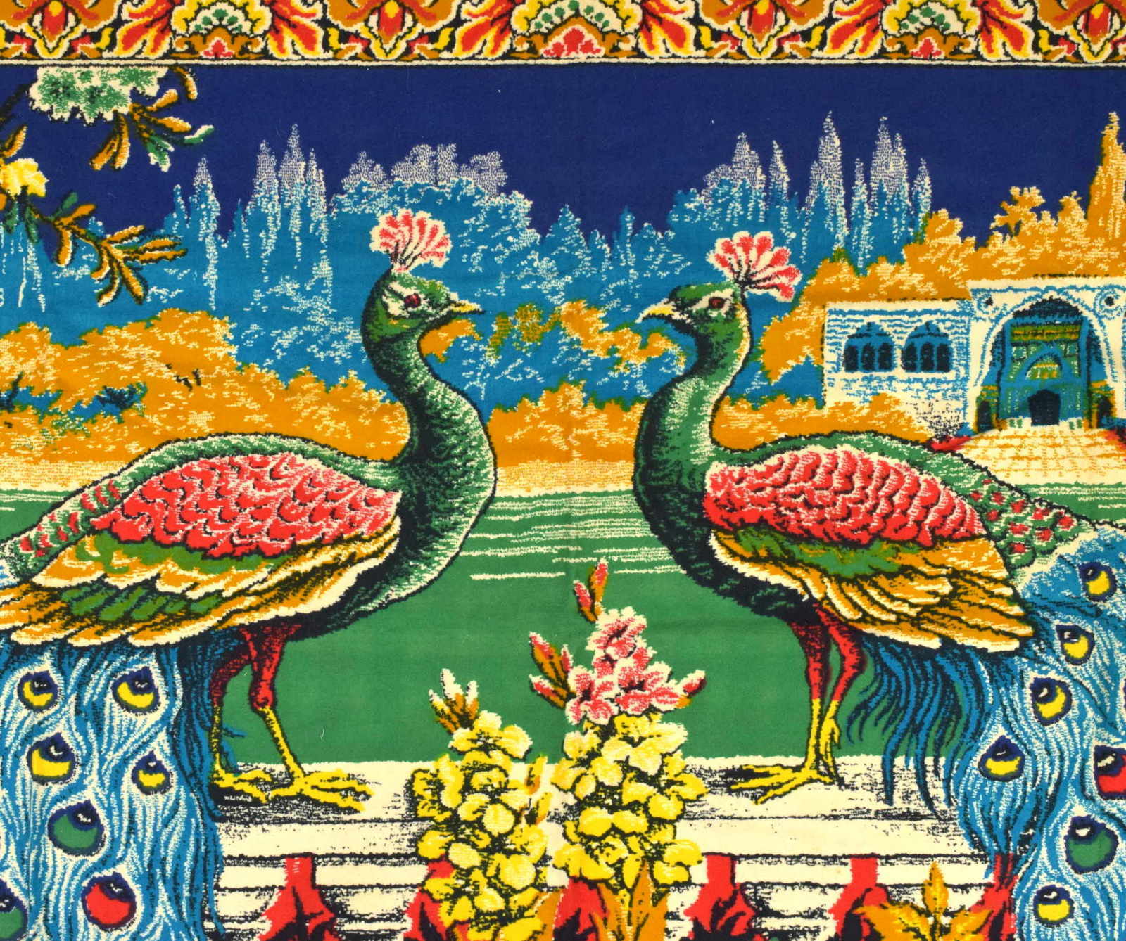 Vtg Velvet Tapestry Peacock Bird Wall Hanging Textile Art Floral Landscape 59