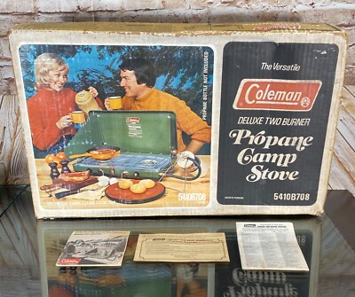 Box & Manual Only ~ 1976 Coleman 5410B708 2-Burner Propane Gas Camp Stove Green