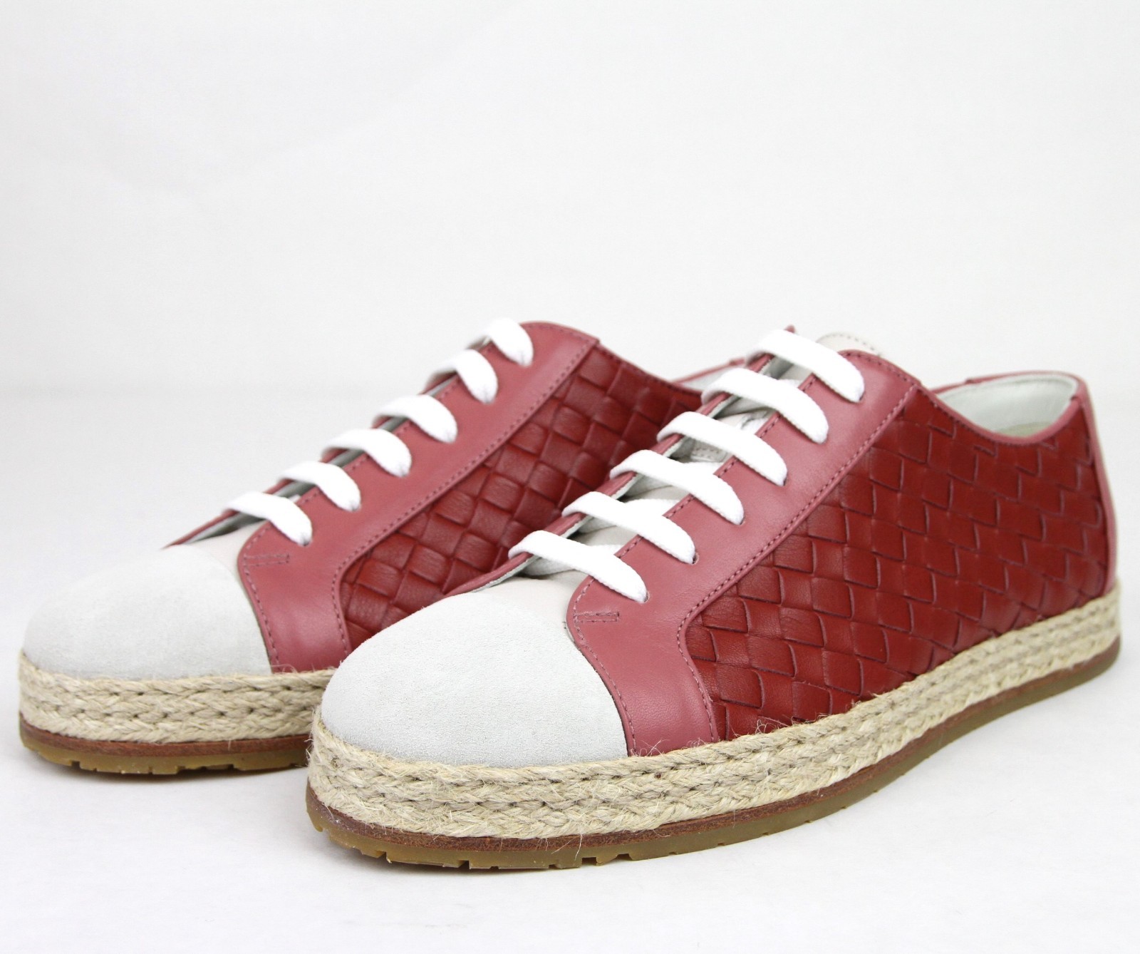 Pre-owned Bottega Veneta $680  Women's Pink/red Leather Woven Sneakers 451689 5768