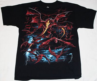 Dragon Reign Flying Red Dragons Fantasy Art T-Shirt Liquid Blue NEW UNWORN