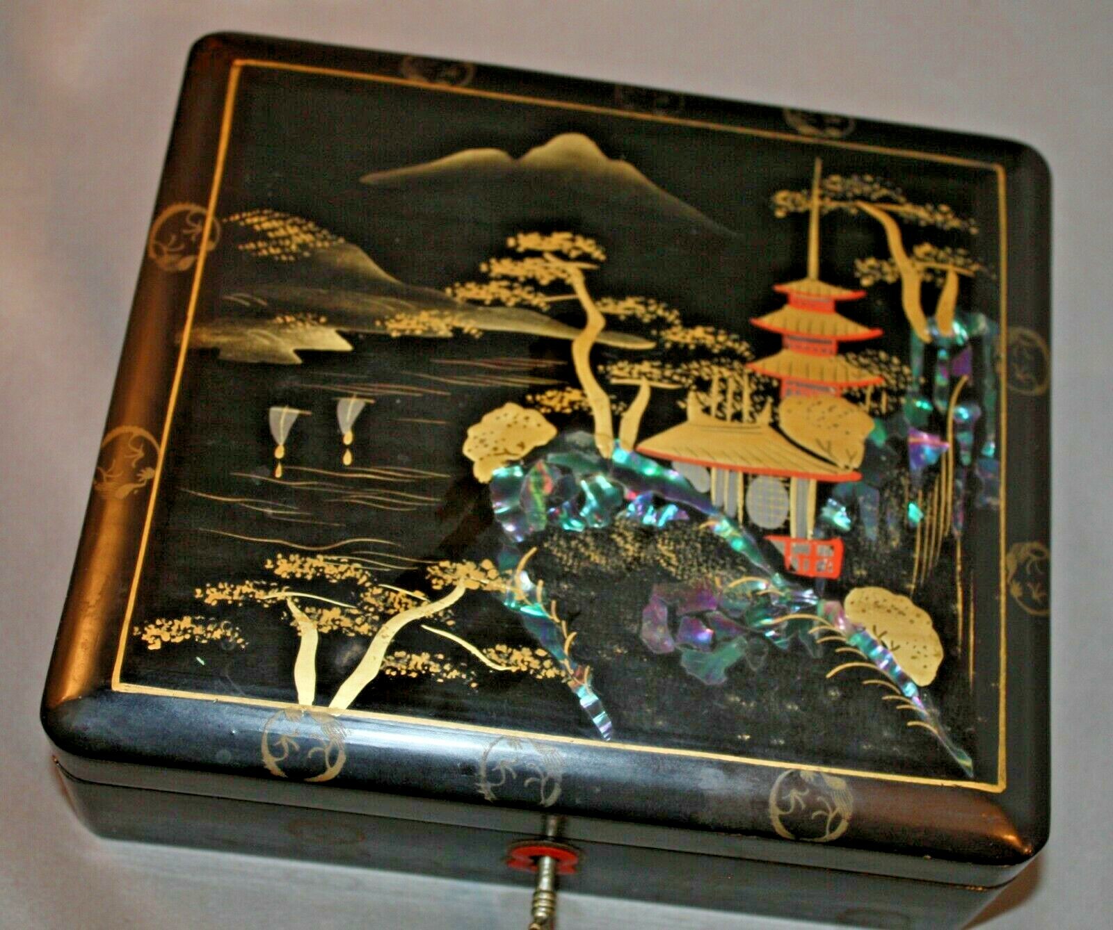 Vtg 50s Japanese Black Lacquer Jewelry,Trinket, Letter Box w Sell Inlay FREESHIP